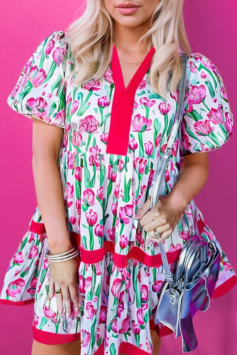 Pink Floral Print Contrast Trim V Neck Bubble Short Sleeve Babydoll Dress - Love Salve